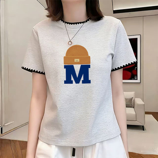显瘦短袖 夏季 新款 拼接圆领修身 百搭字母印花上衣 t恤2026正肩时尚