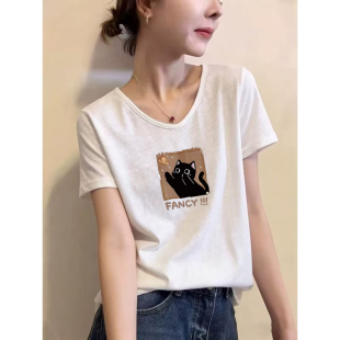 纯棉女装 2026夏季 t恤小众洋气休闲印花大码 竹节棉v领短袖 上衣 新款