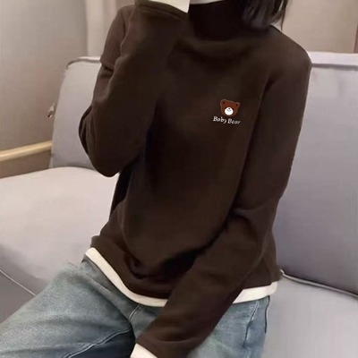 德绒保暖半高领拼色长袖T恤秋冬新款正肩时尚百搭修身打底衫上衣