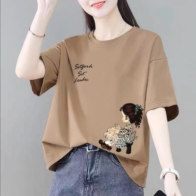 2025年夏季新款圆领短袖t恤女纯棉洋气宽松大码胖mm显瘦百搭上衣