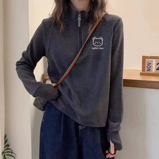 通勤宽松显瘦套头上衣 时尚 半拉链立领德绒保暖打底衫 卫衣秋冬新款