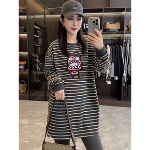女秋冬新款 长袖 减龄宽松设计感德绒保暖外套 条纹圆领打底衫 中长款