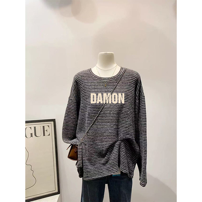 德绒保暖中长款圆领长袖女2026新款洋气宽松条纹设计感打底衫上衣