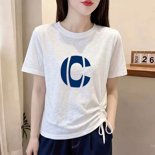 白色抽绳褶皱圆领T恤女装夏季新款简约休闲大码宽松显瘦薄款上衣