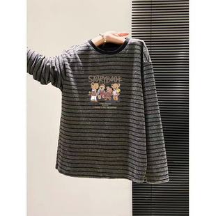 加厚打底衫 德绒保暖圆领长袖 修身 时尚 撞色条纹上衣 t恤女秋冬新款