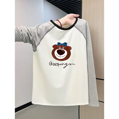 纯棉圆领长袖t恤女士2026新款时尚通勤大码宽松插肩撞色内搭上衣