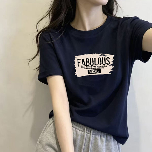 藏青色纯棉圆领短袖t恤女夏季新款时尚百搭大码宽松显瘦半袖上衣