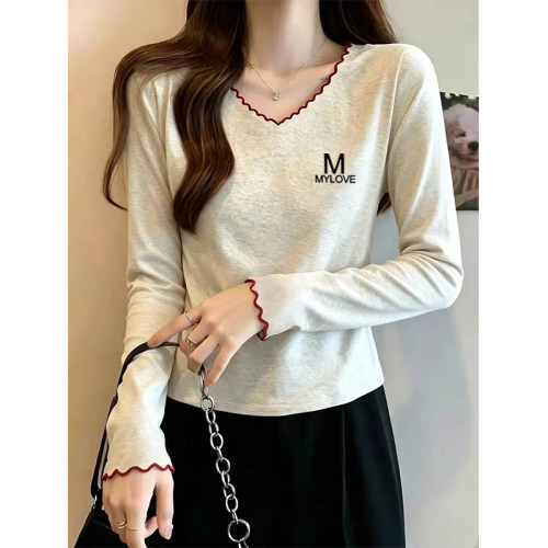 秋季新款撞色拼接V领长袖t恤女时尚休闲修身显瘦木耳边打底衫上衣