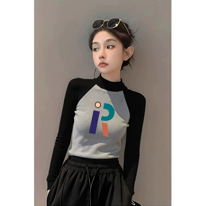 德绒保暖半高领设计感长袖T恤女秋冬新款撞色插肩修身打底衫上衣