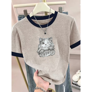 t恤女士洋气休闲修身 夏季 新款 撞色圆领正肩短袖 上衣 设计感打底衫