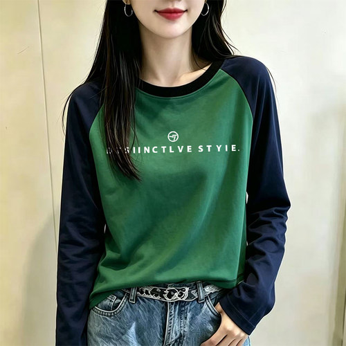撞色圆领设计感长袖t恤早秋新款时尚百搭大码宽松纯棉打底衫上衣