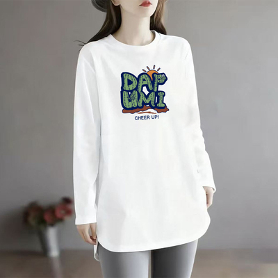 韩版纯棉圆领长袖T恤女2026新款宽松设计感打底衫中长款开叉上衣