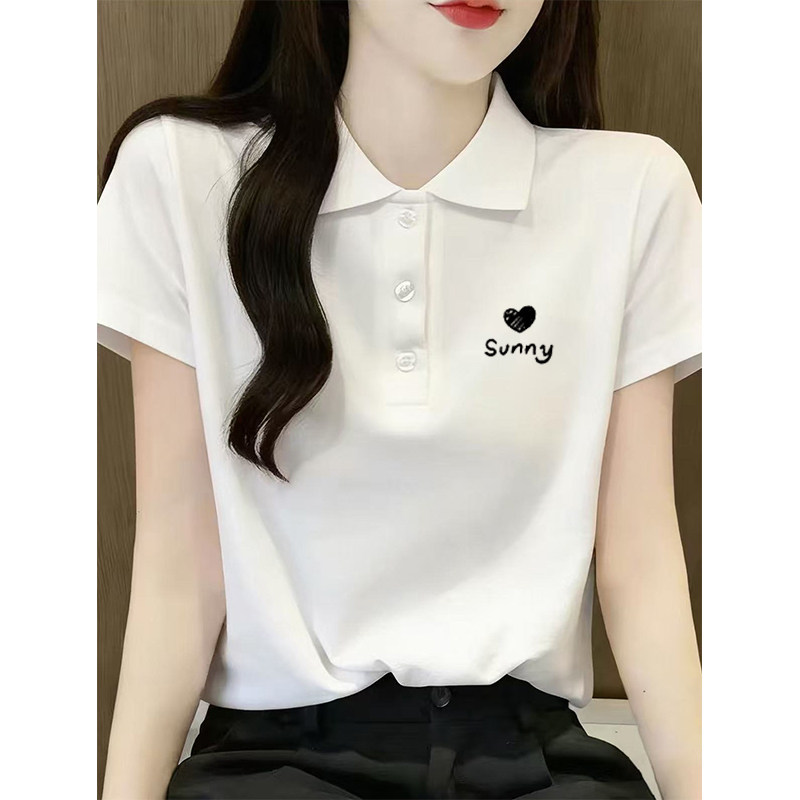 白色正肩POLO领纽扣短袖T恤女装夏季新款减龄修身翻领设计感上衣