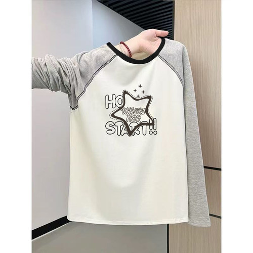 纯棉圆领长袖t恤女士2026新款洋气通勤大码宽松插肩撞色内搭上衣