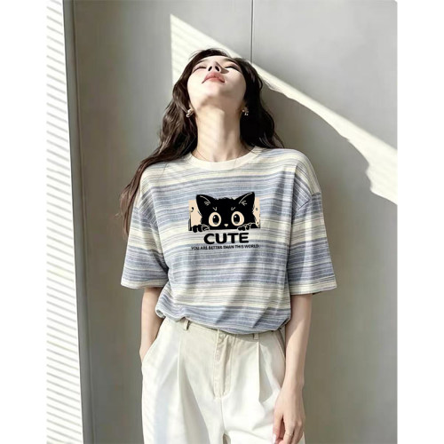 撞色条纹短袖t恤女装夏季新款时尚百搭圆领宽松显瘦胖mm韩版上衣