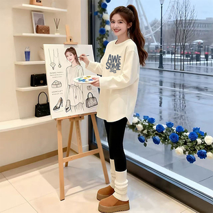 女秋冬新款 长袖 洋气宽松遮屁股开叉外套 打底衫 德绒磨毛保暖中长款