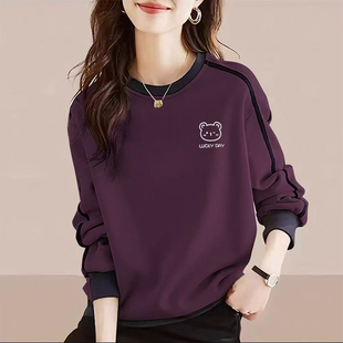 洋气印花大码 加绒时尚 宽松显瘦拼接上衣 圆领女士卫衣韩版 秋冬新款