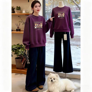 宽松小个子加厚外套 加绒设计感卫衣小众洋气大码 秋冬爆款 圆领长袖