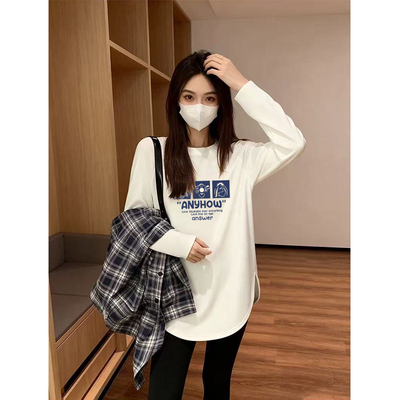 中长款圆领打底衫长袖女秋冬新款洋气宽松设计感德绒磨毛开叉外套