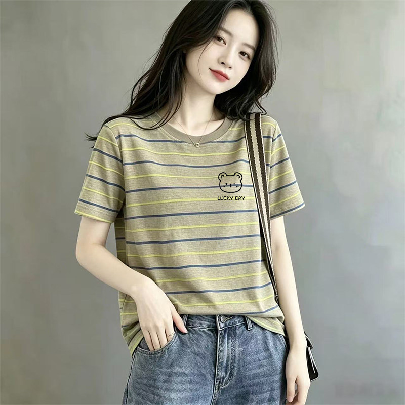 撞色条纹纯棉圆领短袖T恤女装夏季新款时尚大码胖mm宽松打底上衣