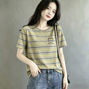 撞色条纹纯棉圆领短袖T恤女装夏季新款时尚大码胖mm宽松打底上衣