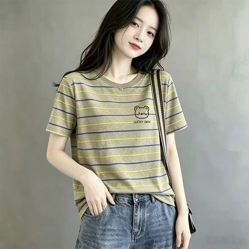 撞色条纹纯棉圆领短袖T恤女装夏季新款时尚大码胖mm宽松打底上衣