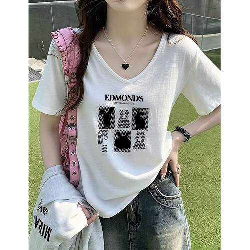 白色V领雪花棉短袖t恤女夏季新款洋气休闲大码宽松胖mm体恤衫上衣