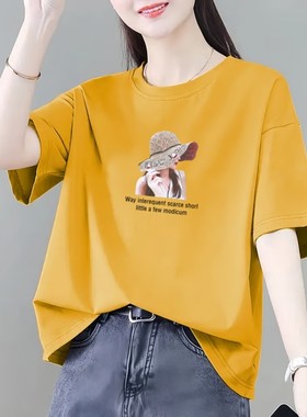 纯棉短袖t恤女夏季新款韩版宽松大码胖mm洋气减龄打底衫圆领上衣