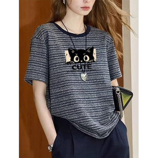 宽松设计感胖mm上衣 t恤女小众减龄大码 春夏新款 条纹撞色圆领短袖