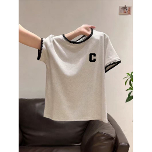 通勤修身 夏季 t恤2026正肩时尚 拼接圆领短袖 显瘦字母印花上衣 新款