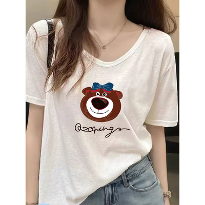 夏季新款V领雪花棉短袖t恤女休闲减龄大码宽松显瘦胖mm体恤衫上衣