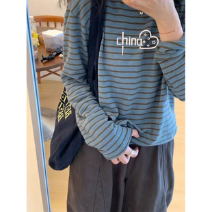 百搭宽松撞色条纹打底衫 时尚 上衣 t恤女秋冬新款 德绒保暖磨毛长袖