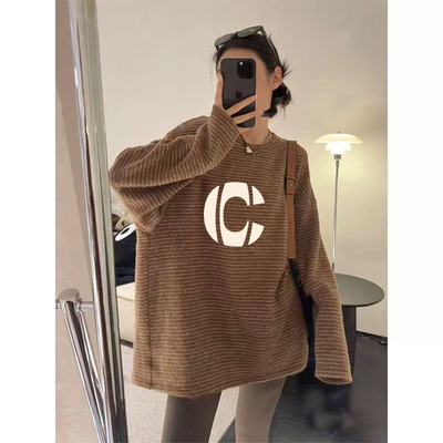 德绒保暖中长款圆领长袖女2026新款时尚宽松条纹设计感打底衫上衣