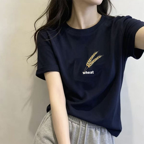 藏青色纯棉圆领短袖t恤女夏季新款时尚休闲大码宽松显瘦半袖上衣