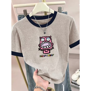 设计感打底衫 夏季 上衣 休闲修身 t恤女士时尚 新款 撞色圆领正肩短袖