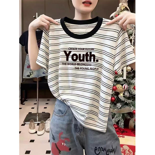 夏季新款撞色条纹圆领短袖t恤女洋气休闲大码宽松显瘦打底衫上衣