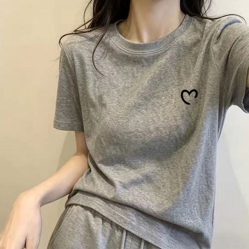 浅灰色纯棉圆领短袖t恤女夏季新款时尚百搭大码宽松显瘦半袖上衣