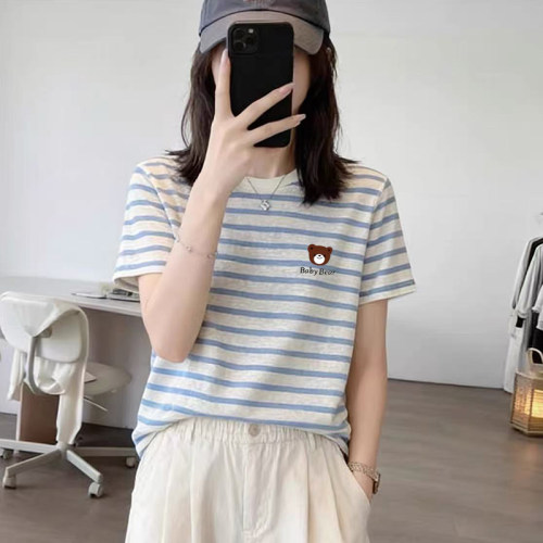 撞色条纹设计感圆领短袖t恤女装夏季新款时尚大码宽松打底衫上衣