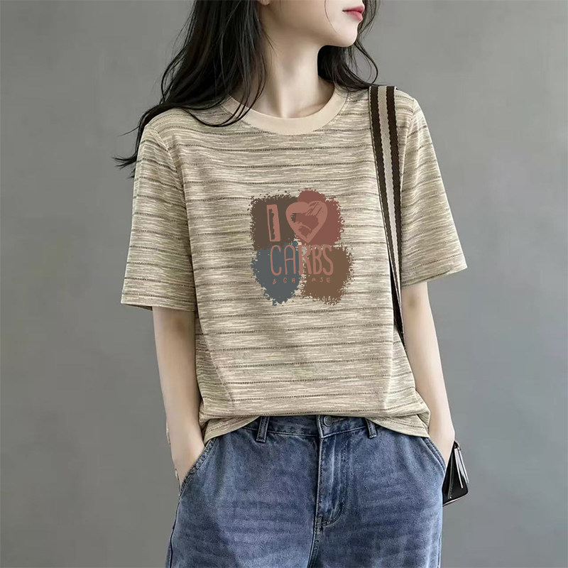 条纹撞色圆领短袖t恤女夏季新款时尚休闲大码宽松胖mm燕麦色上衣图片