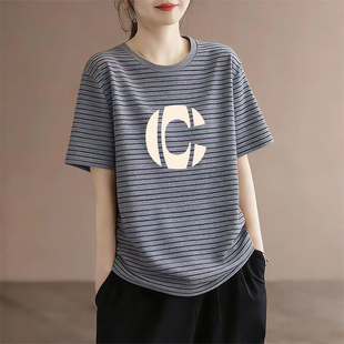纯棉撞色条纹圆领短袖 新款 减龄大码 宽松胖mm设计感上衣 t恤女夏季