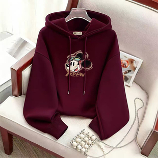 上衣外套 洋气减龄宽松大码 酒红色连帽长袖 加绒设计感卫衣秋冬新款