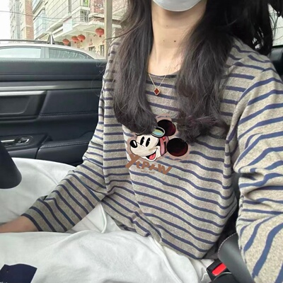 德绒保暖打底衫女内搭印花上衣秋冬新款时尚撞色条纹宽松长袖t恤