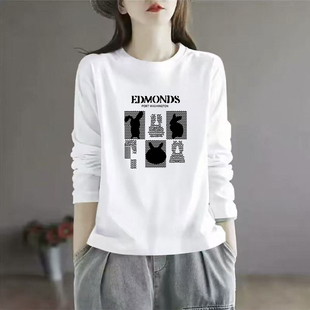 宽松胖mm打底衫 春秋新款 上衣 洋气大码 时尚 纯棉圆领长袖 T恤女韩版