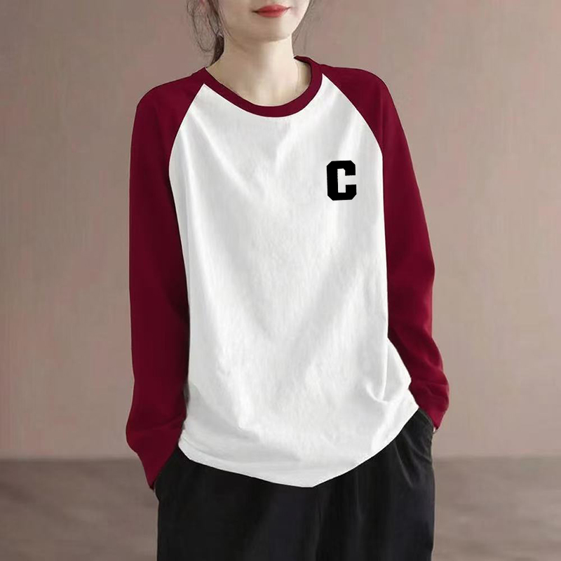 韩版插肩长袖t恤女秋季新款洋气时尚宽松显瘦打底衫女装拼接上衣