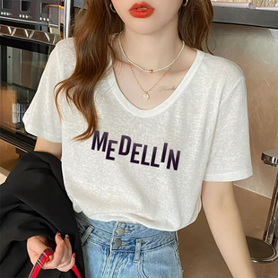雪花棉V领短袖 新款 洋气百搭宽松显瘦胖mm体恤衫 上衣 t恤女2026夏季