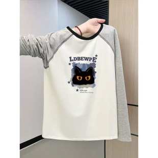 宽松插肩撞色内搭上衣 休闲百搭大码 纯棉圆领长袖 t恤女士2026新款