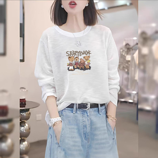 女装 韩版 洋气休闲宽松显瘦打底衫 t恤女春秋新款 上衣 竹节纯棉长袖