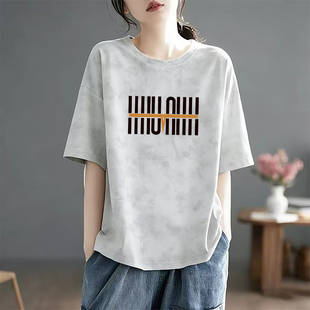 打底衫 夏季 新款 撞色纯棉圆领短袖 宽松设计感上衣 t恤减龄百搭大码