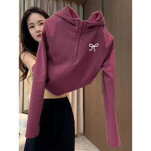 加绒百搭上衣 显瘦打底衫 秋冬新款 半拉链双面德绒连帽卫衣小众修身