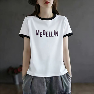 t恤女士洋气休闲修身 夏季 新款 撞色圆领正肩短袖 上衣 设计感打底衫